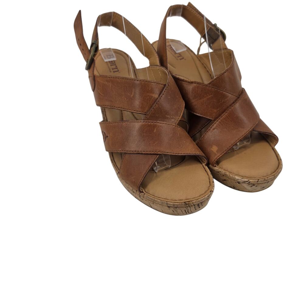 NWT Born Brown Leather Cross Strap Sami Slingback Comfort Cork Wedge Sandal Sz 9